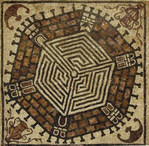 Beautiful and unusual depiction of the labyrinth, 4th century AD Roman floor mosaic discovered at remains of imperial palace at Gamzigrad - Felix Romuliana archaeological site, vicinity of Zaječar, eastern Serbia.
The mosaic is depicting hexagonal labyrinth surrounded by fortified walls and defensive towers. Gate of the labyrinth is within the tower in upper left corner and it leads to the only corridor which meanders around to the center of the labyrinth. 
